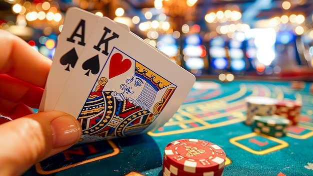 Dealer at live card table in ladangqq studio with professional broadcast equipment
